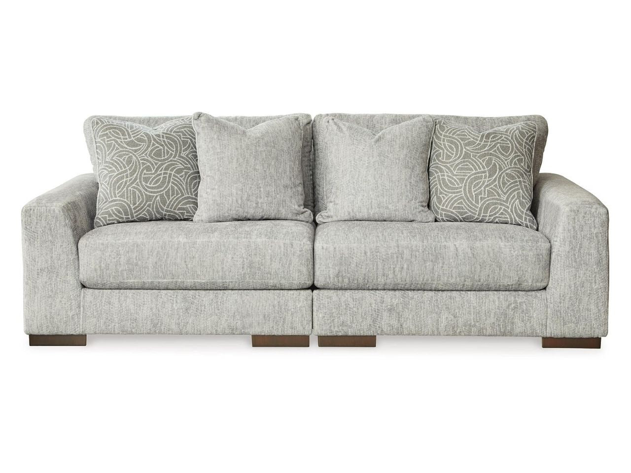 Regent Park 2-Piece Loveseat Sectional Sofa Pewter Chevron Upholstered in Calgary in a white background 