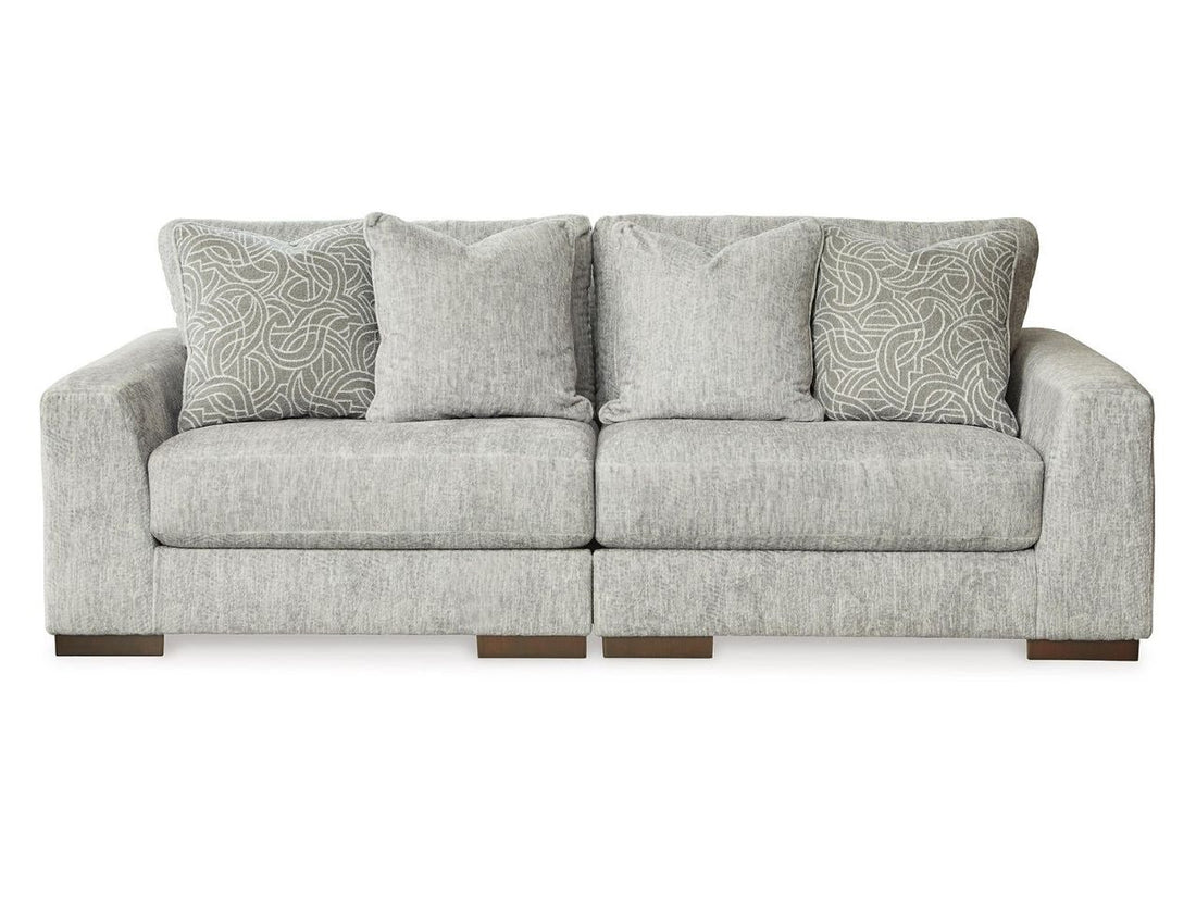 Regent Park 2-Piece Loveseat Sectional Sofa Pewter Chevron Upholstered in Calgary in a white background 