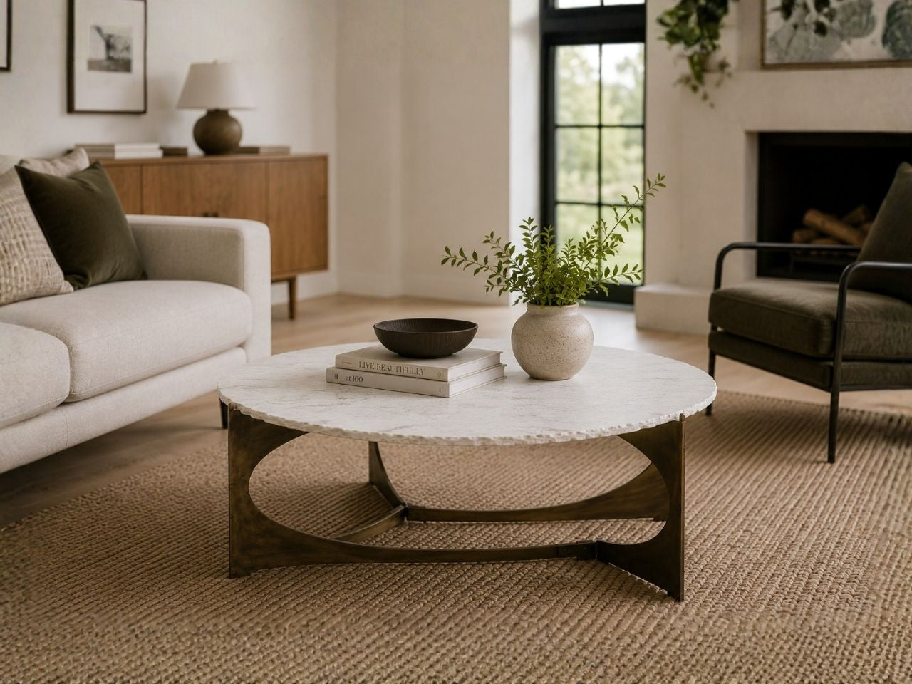 Round coffee table with a white stone-look top and dark wood base styled in a cozy modern living room.
