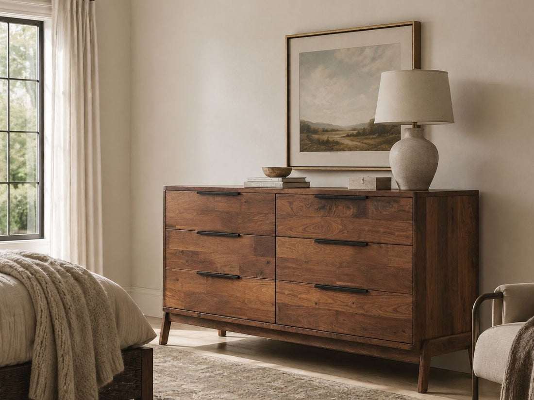 Modern 6-drawer dresser with rich walnut finish, sleek black pulls, tapered legs, and clean contemporary design.