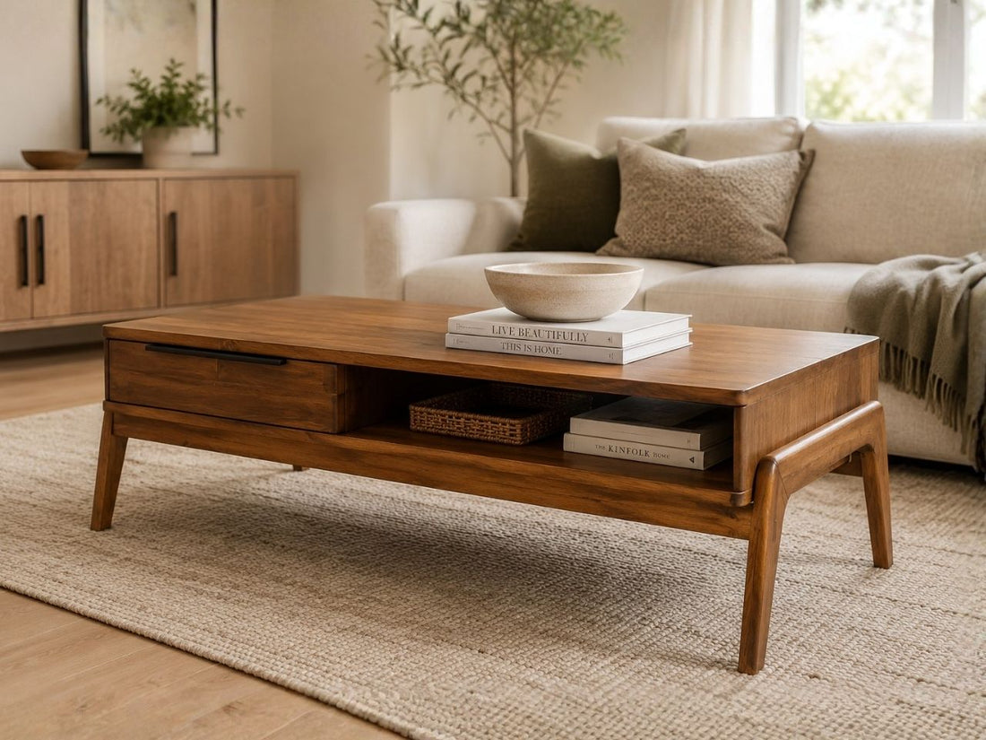 Mid-century modern wood coffee table with drawer storage in a cozy living room.