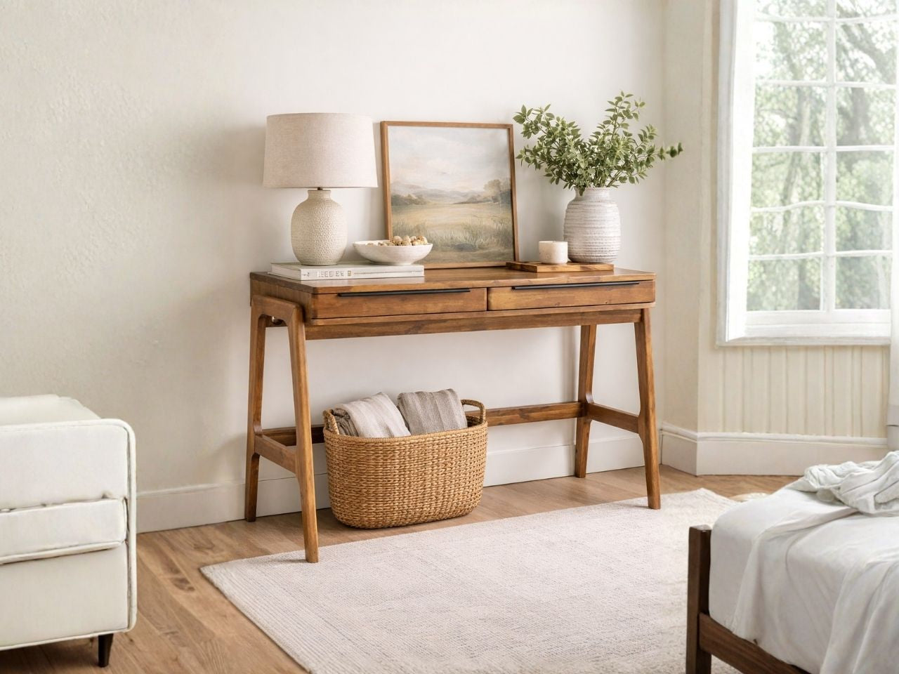 The Remix Desk is a mid-century modern piece crafted from wood with a warm, medium-brown finish and a visible natural grain.