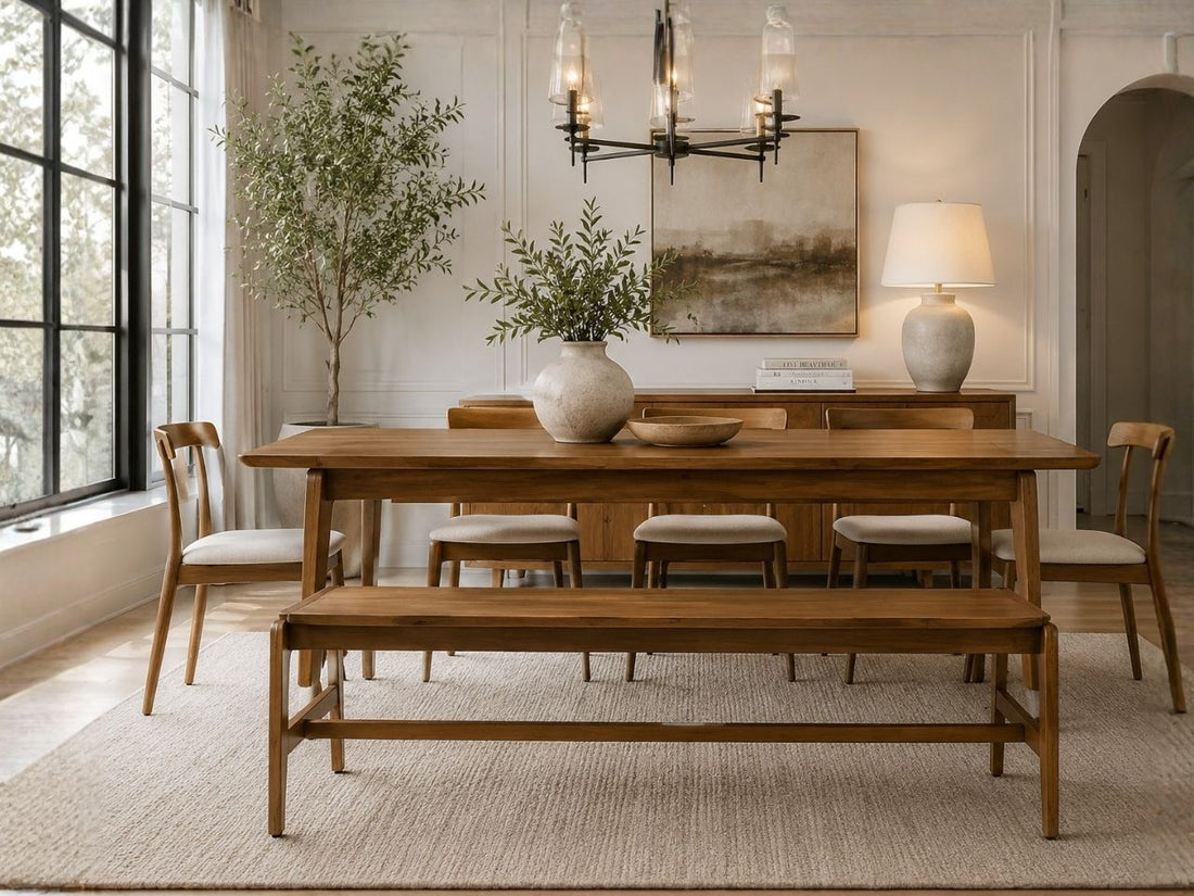 Remix Dining Bench in Calgary in a dining room setting. 