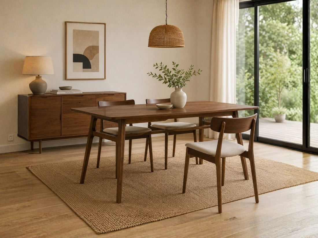 Wood dining table with four upholstered chairs in a modern dining room.