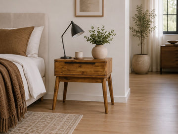 Mid-century solid wood nightstand with a drawer styled beside a neutral upholstered bed in a warm modern bedroom.