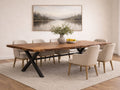 Live edge solid wood dining table with black metal X legs and upholstered chairs in a neutral dining room.