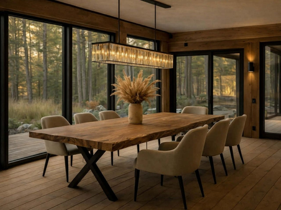 Live edge solid wood dining table with black metal legs, surrounded by upholstered chairs in a warm, modern dining room with large windows.