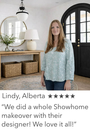Woman standing in a room with decorative elements and a quote about a showhome makeover.