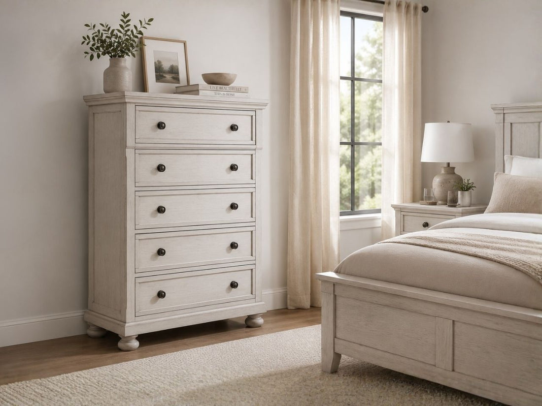 Whitewashed drawer chest with five drawers and classic farmhouse style.