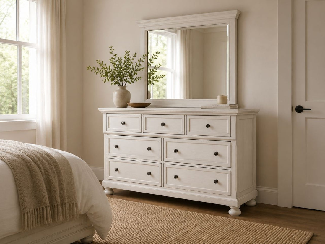 Traditional white dresser with framed drawer fronts, round knobs, bun feet, and matching mirror for a clean farmhouse look.