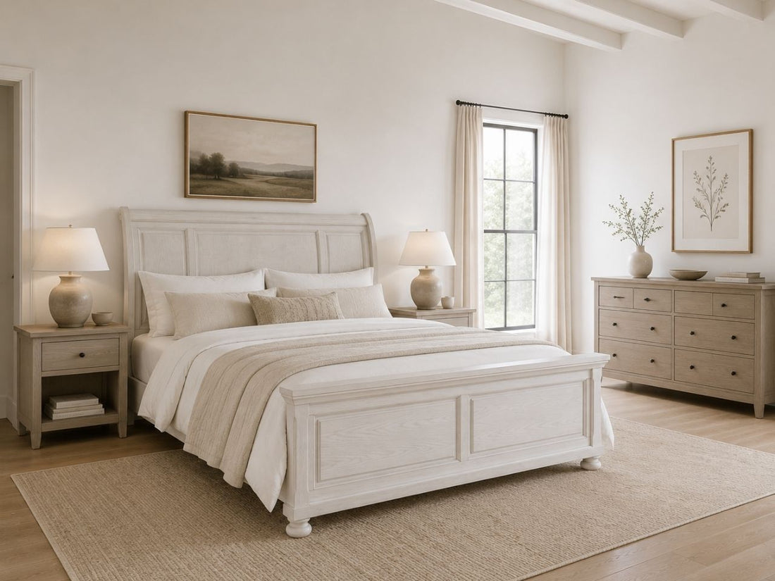 White sleigh bed with a storage footboard in a bright farmhouse-style bedroom.