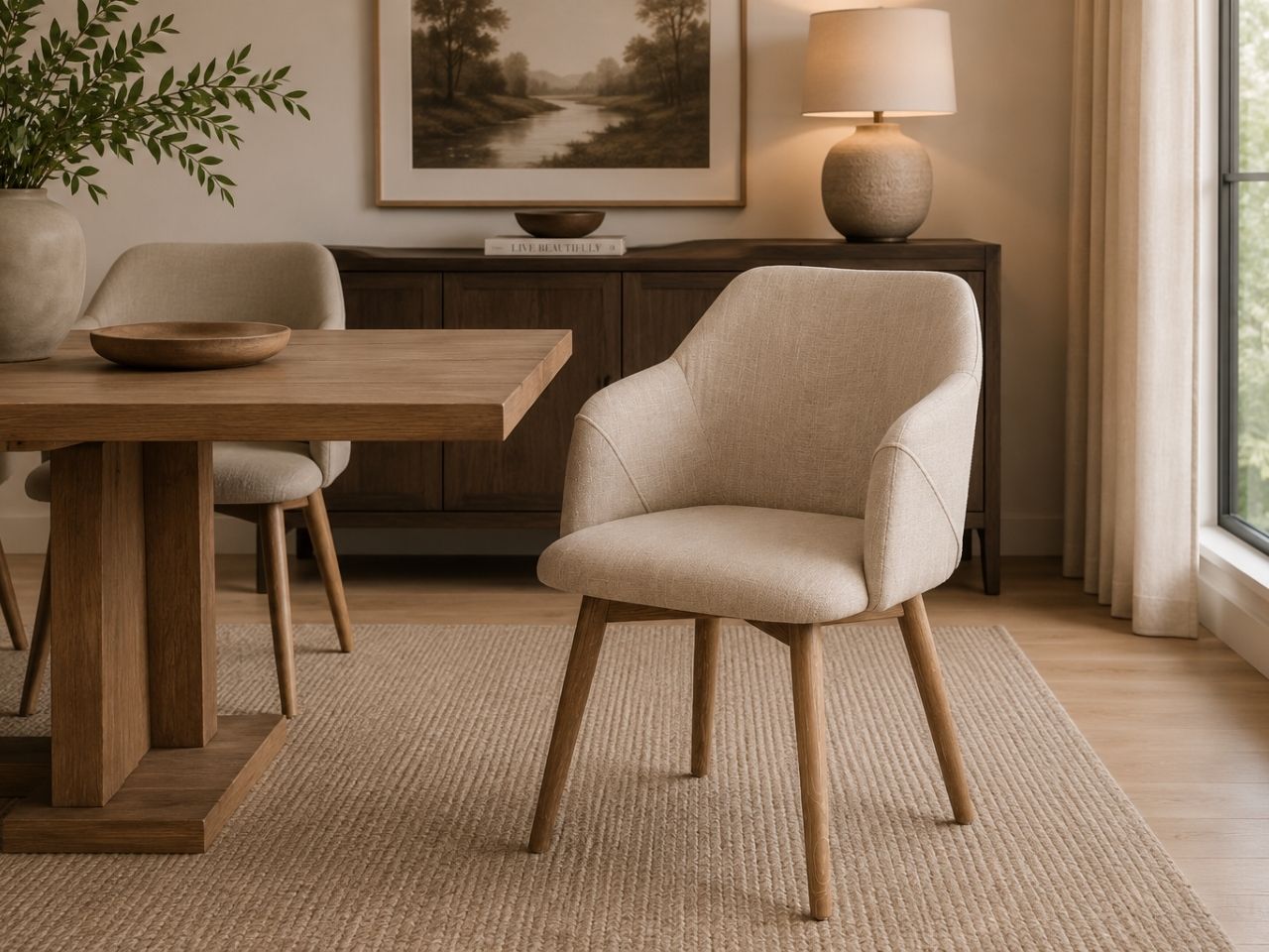 Ronald Cream Dining Arm Chair in Calgary in a dining room setting. 