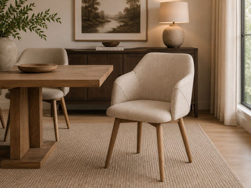 Ronald Cream Dining Arm Chair in Calgary in a dining room setting. 