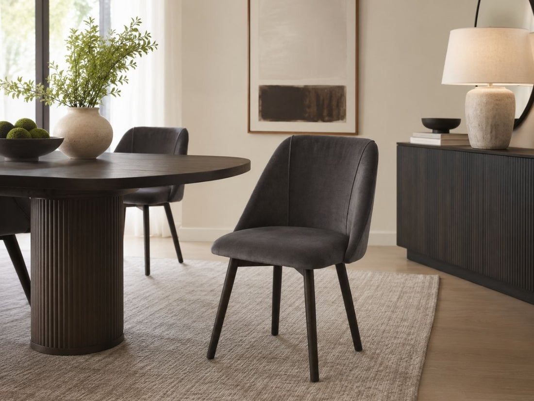 Ronald Grey Dining Chair in a dining room setting. 