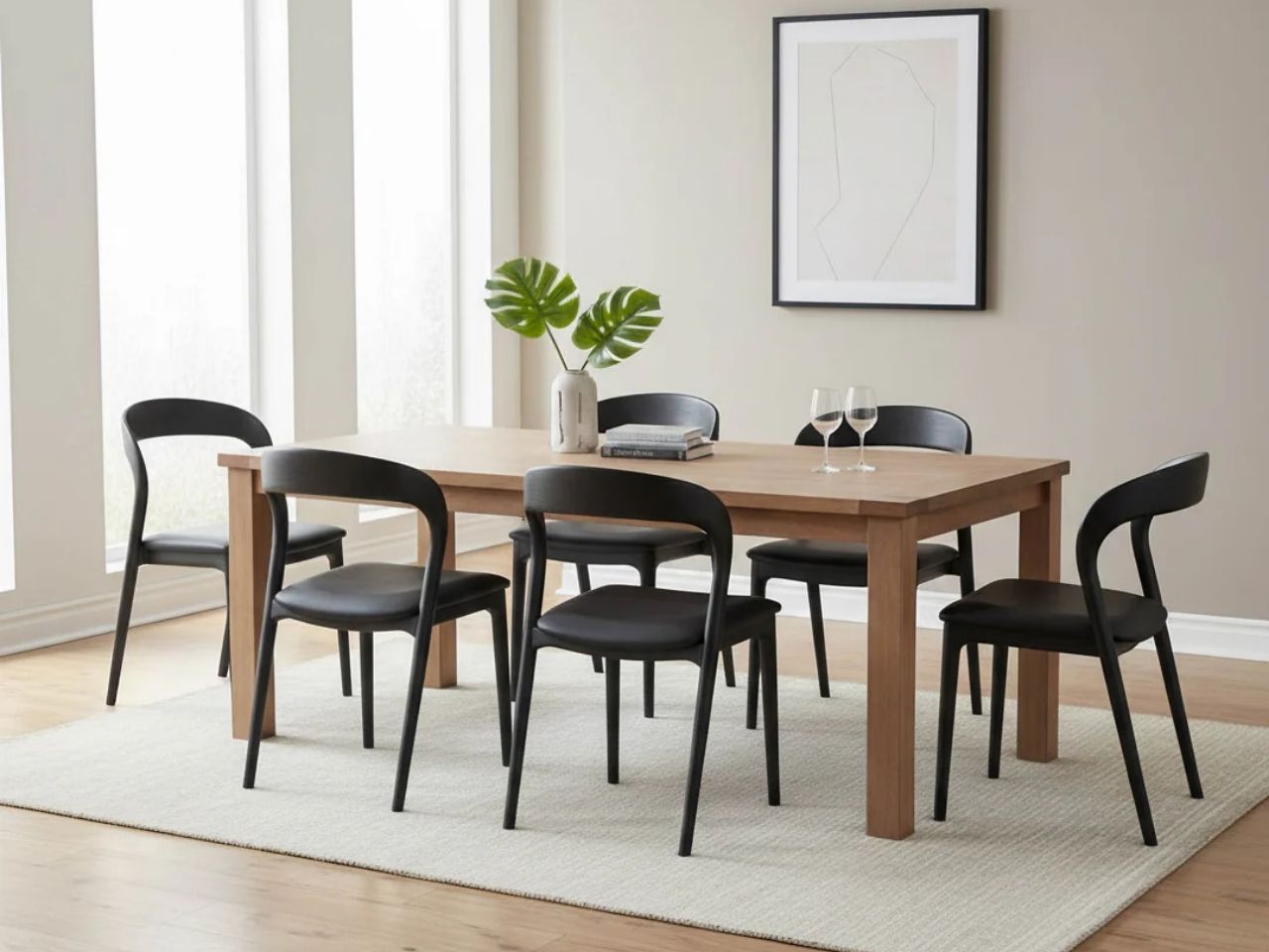 Black dining chairs around a wood dining table in a modern dining room.
