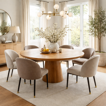 Dining room with a round wooden table and beige chairs, featuring a chandelier and large windows.