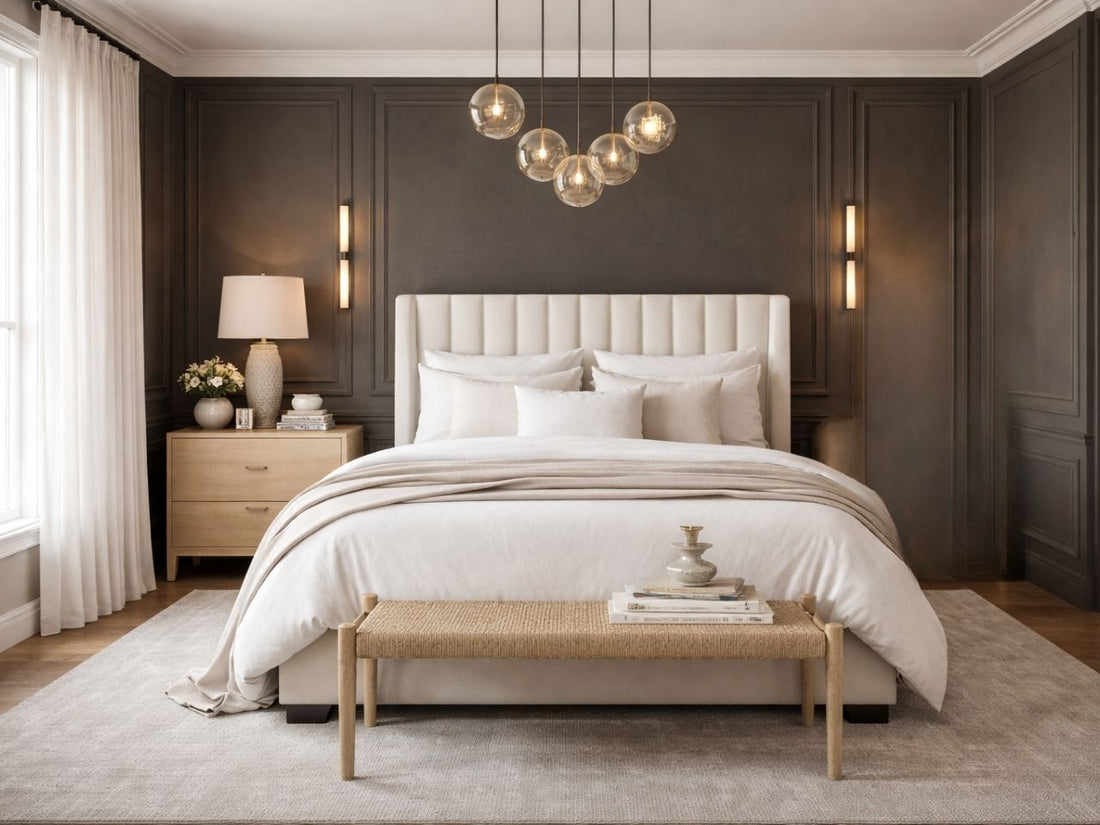 Modern upholstered bed with a vertical channel-tufted headboard, styled in a warm, neutral bedroom.