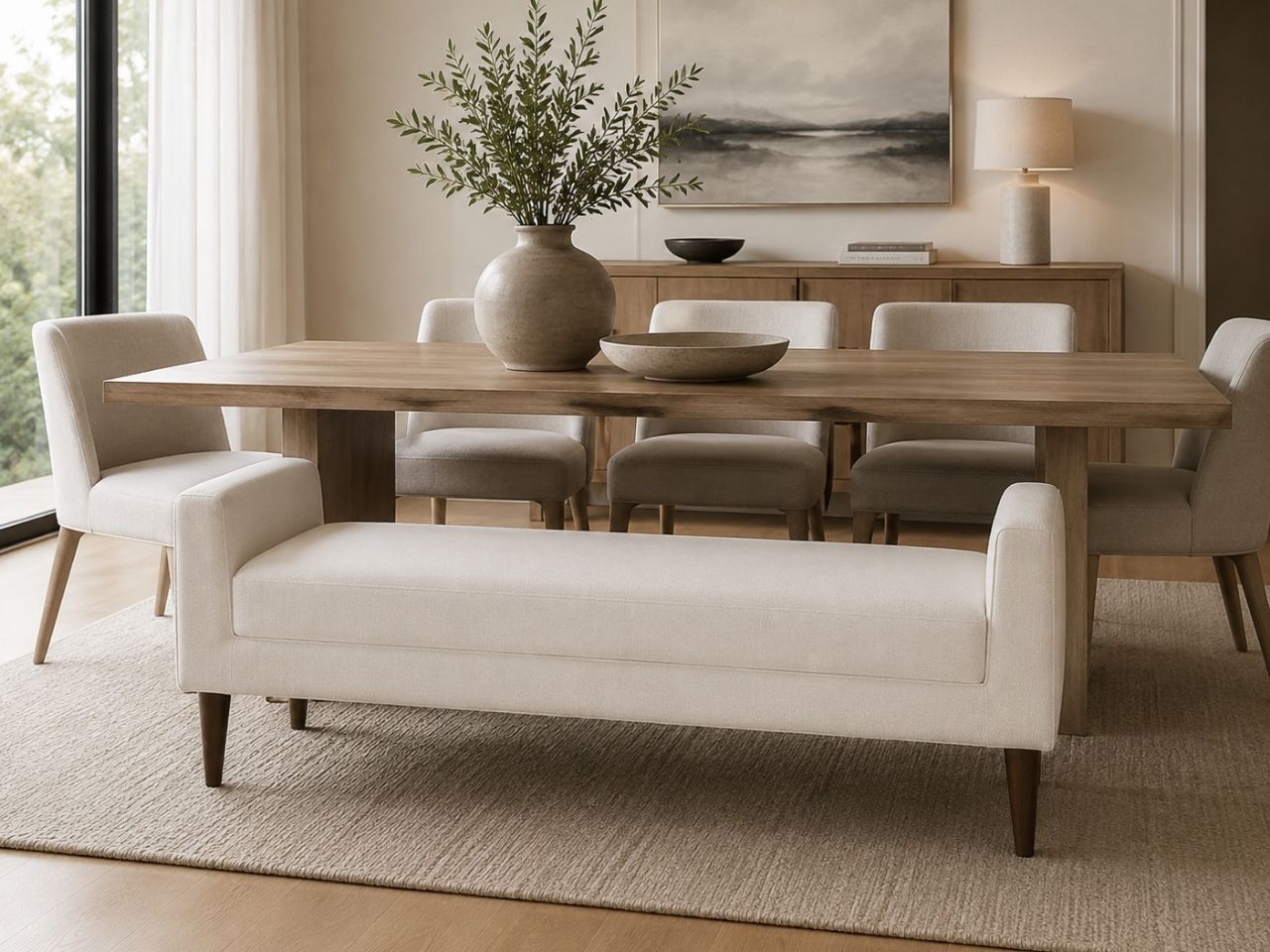 Rowan Divan Linen Bench in a dining room setting. 