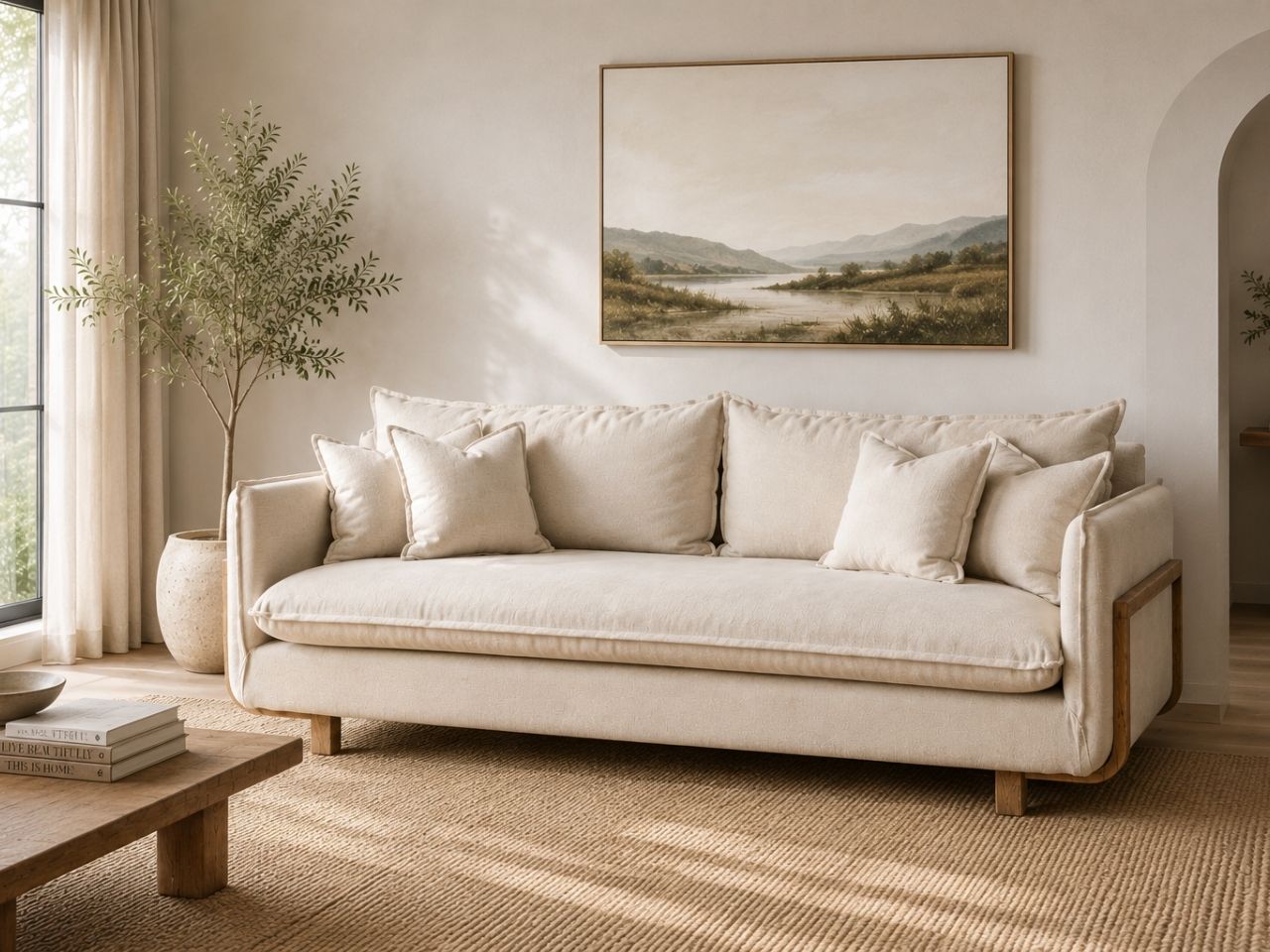 Cream upholstered sofa with wood accents and plush cushions in a warm, modern living room.