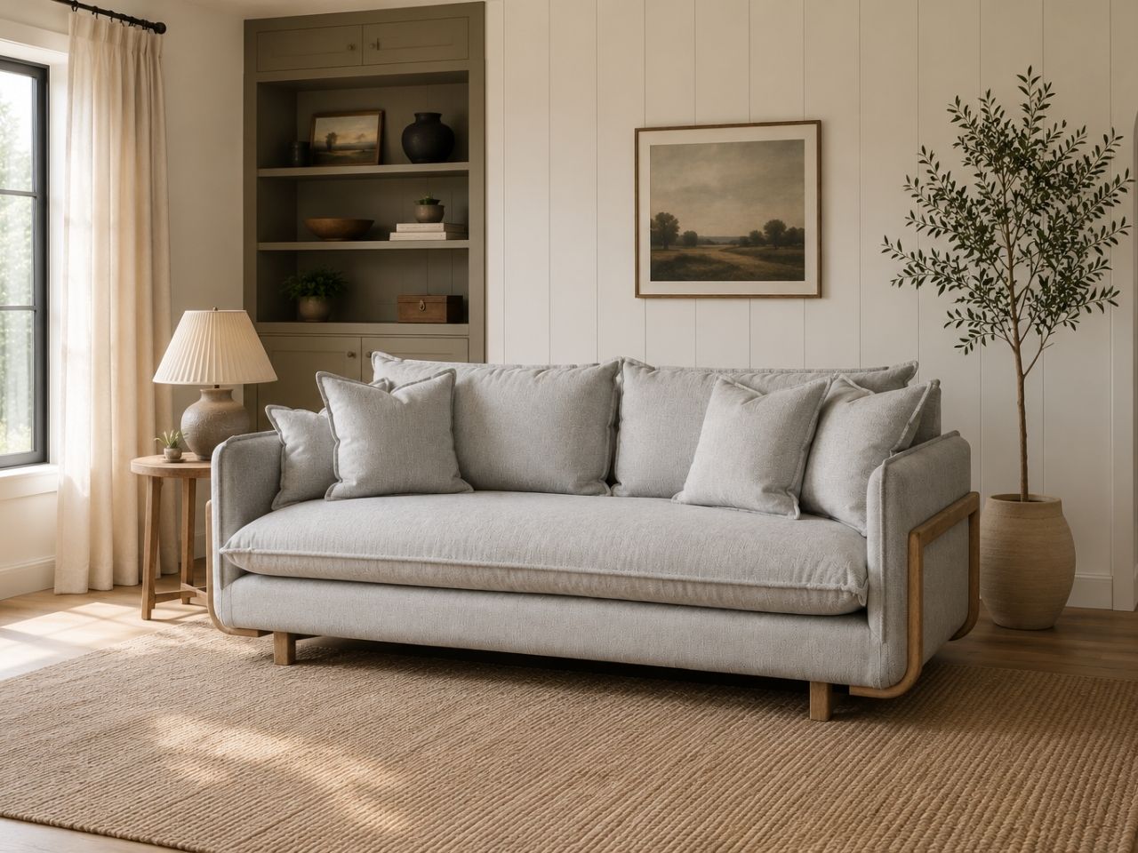 Light gray upholstered sofa with wood accents and plush cushions in a cozy living room.