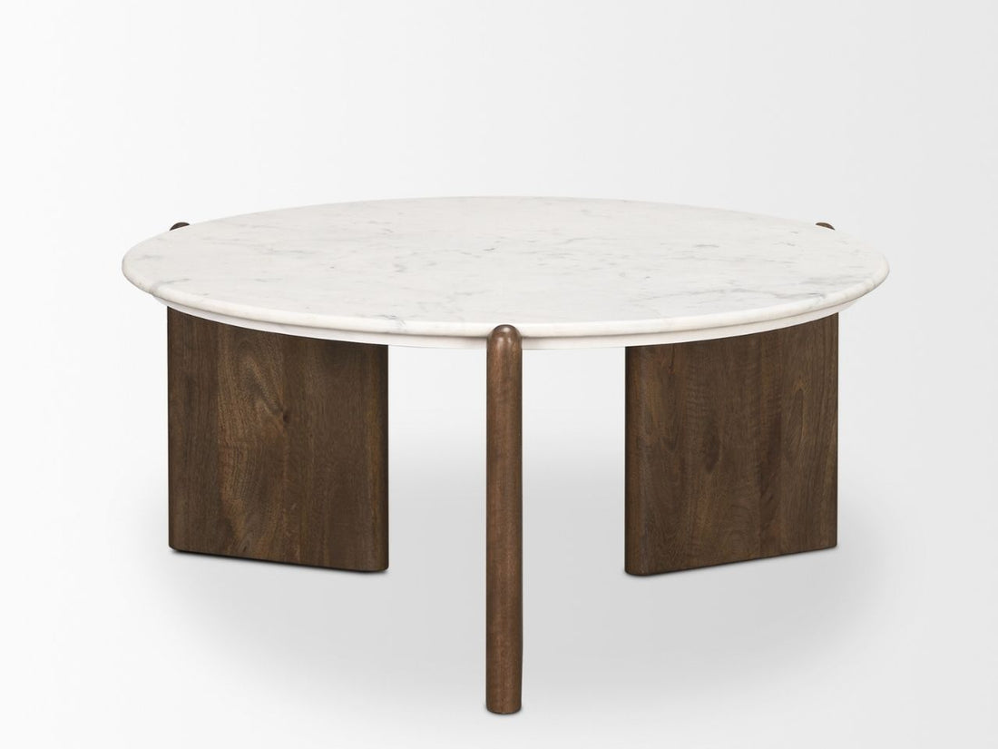 Rumer Dark Brown Wood w/ White Marble Coffee Table in Calgary in a white background
