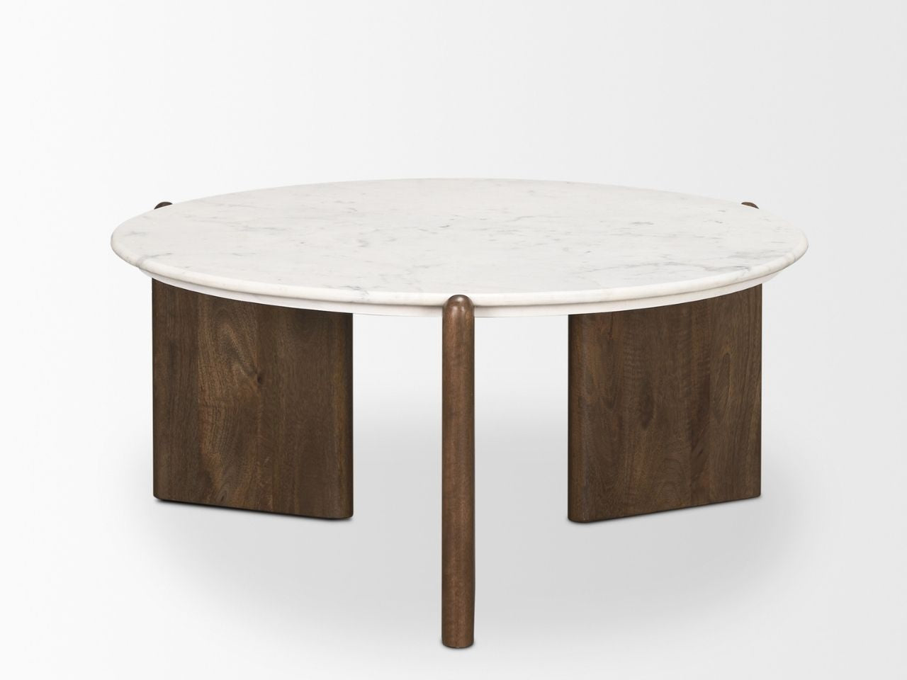 Rumer Dark Brown Wood w/ White Marble Coffee Table in Calgary in a white background 