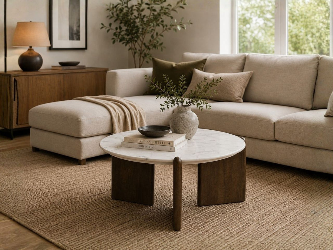Round coffee table with a white marble top and dark wood base in a cozy living room.