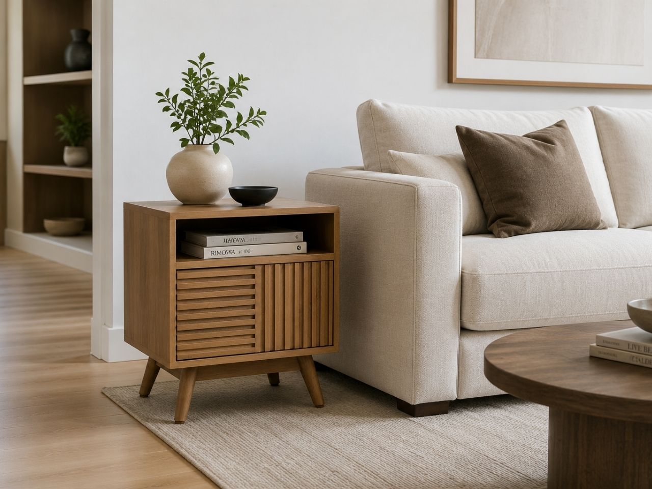 Wood side table with storage beside a cream sofa in a bright living room.