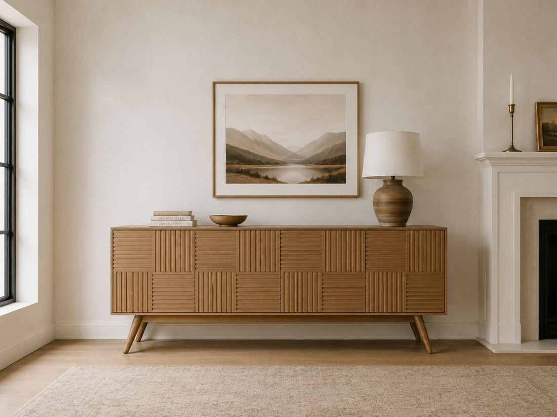 Contemporary sideboard with textured wood panels and a refined modern look.
