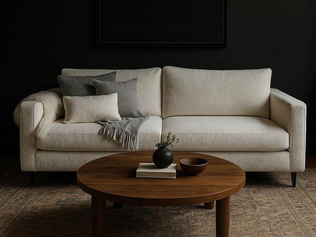 Modern living room with a white Saint sofa, ottoman, and decorative items by Showhome Furniture
