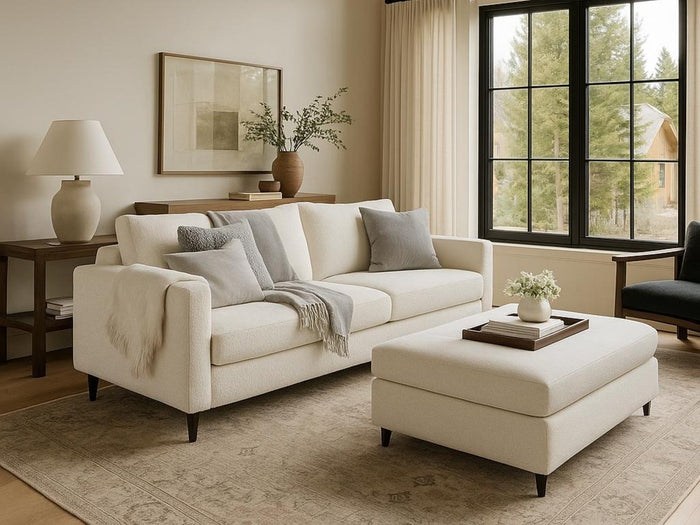 Modern living room with a white Saint sofa, ottoman, and decorative items by Showhome Furniture