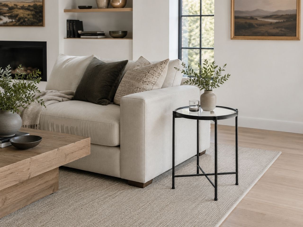 Black metal accent table with a round glass top, styled beside a cream sofa in a bright modern living room.