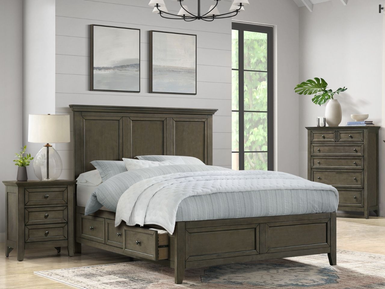 San Mateo-Gray- Solid Wood Storage Bed in a bedroom setting. 