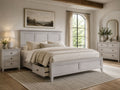 Light wood storage bed with built-in drawers in a warm, modern farmhouse bedroom.