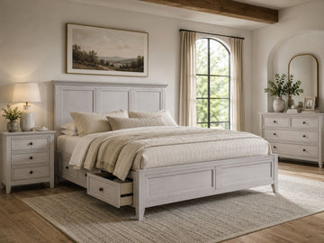 Light wood storage bed with built-in drawers in a warm, modern farmhouse bedroom.