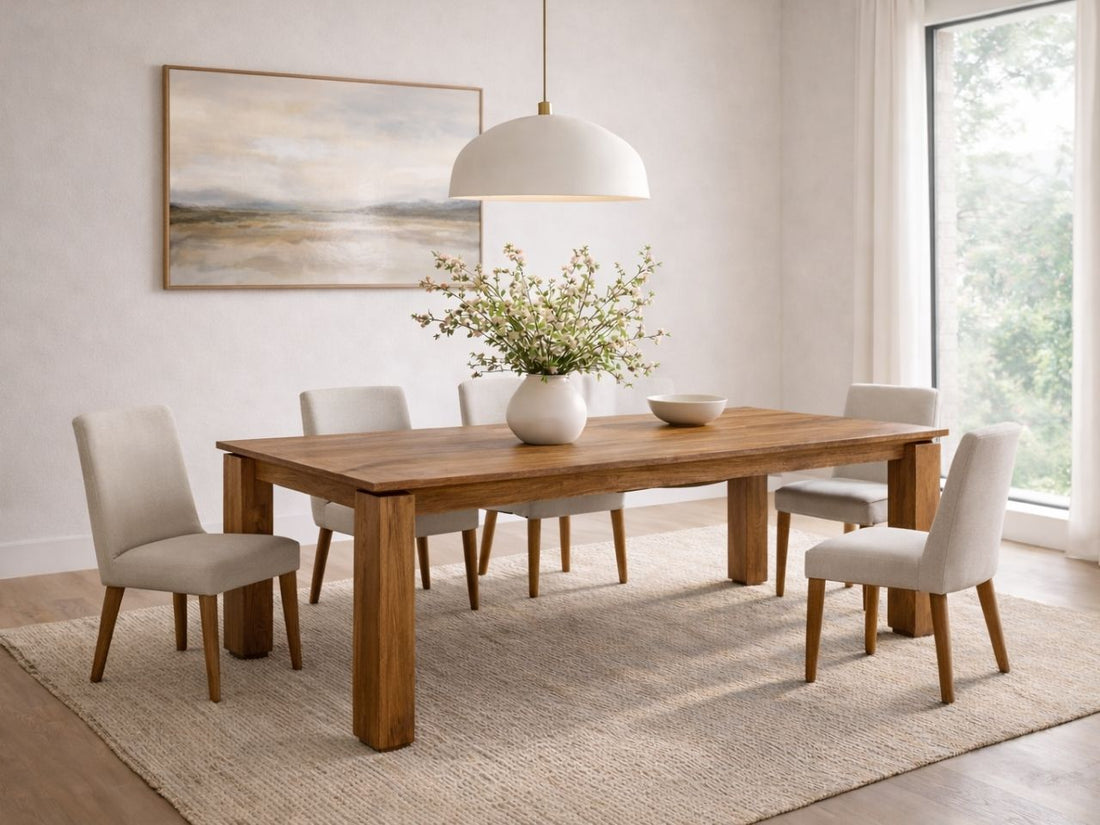Wood dining table with upholstered chairs and landscape wall art in a bright room.