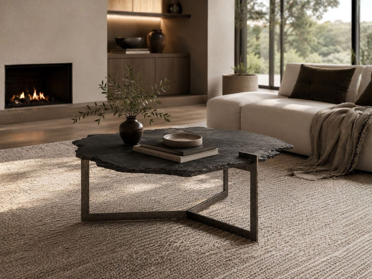 Modern black stone coffee table in a contemporary living room.