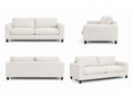 Modern upholstered sofa featuring clean track arms, deep plush cushions, and a streamlined silhouette, shown from front, side, back, and angled views in a soft neutral fabric.