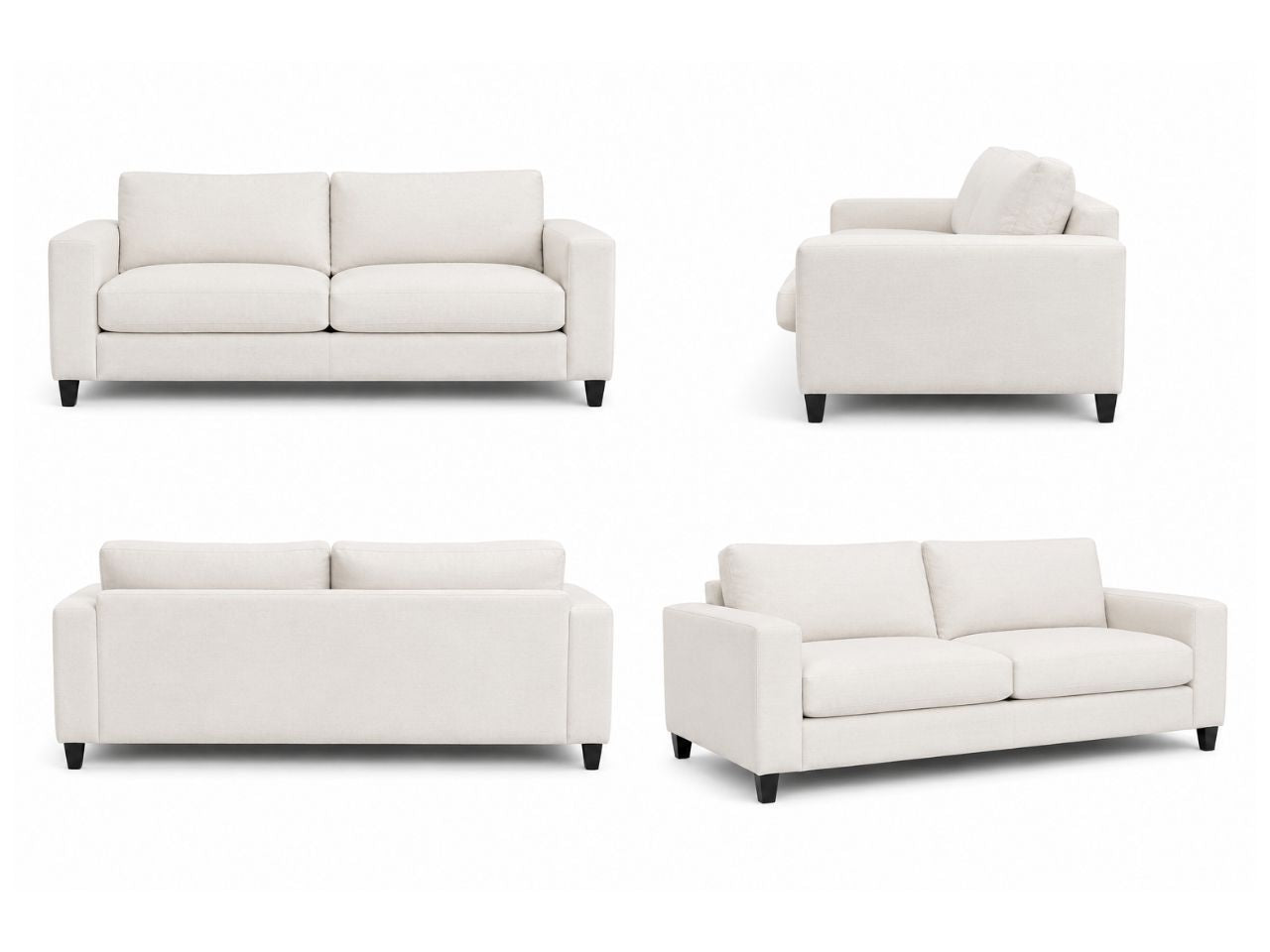 Modern upholstered sofa featuring clean track arms, deep plush cushions, and a streamlined silhouette, shown from front, side, back, and angled views in a soft neutral fabric.