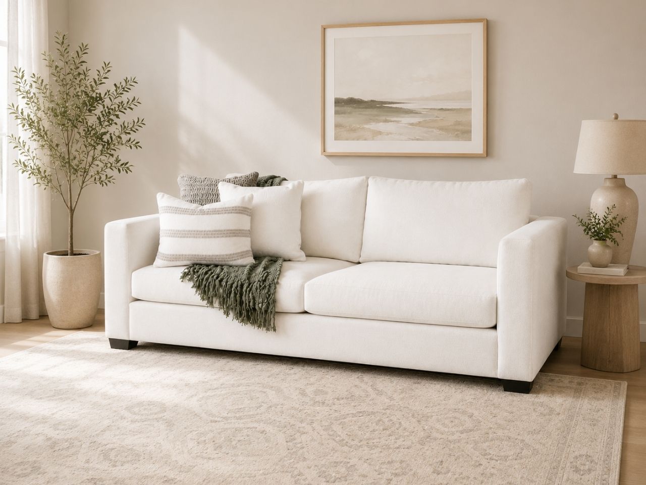 Clean-lined sofa with slim arms, plush cushions, and a modern, comfortable design.