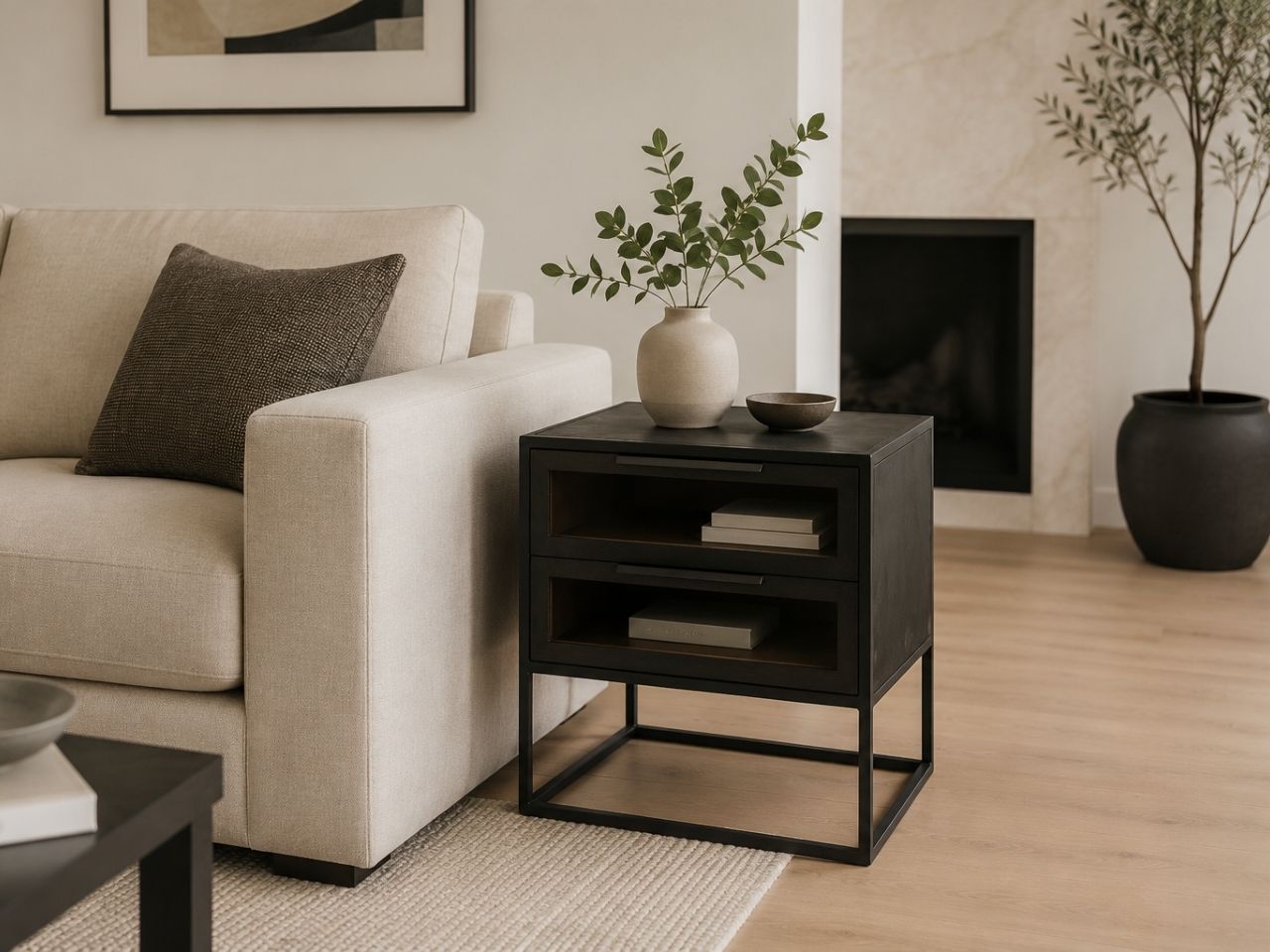 Black storage side table beside a cream sofa in a modern living room.