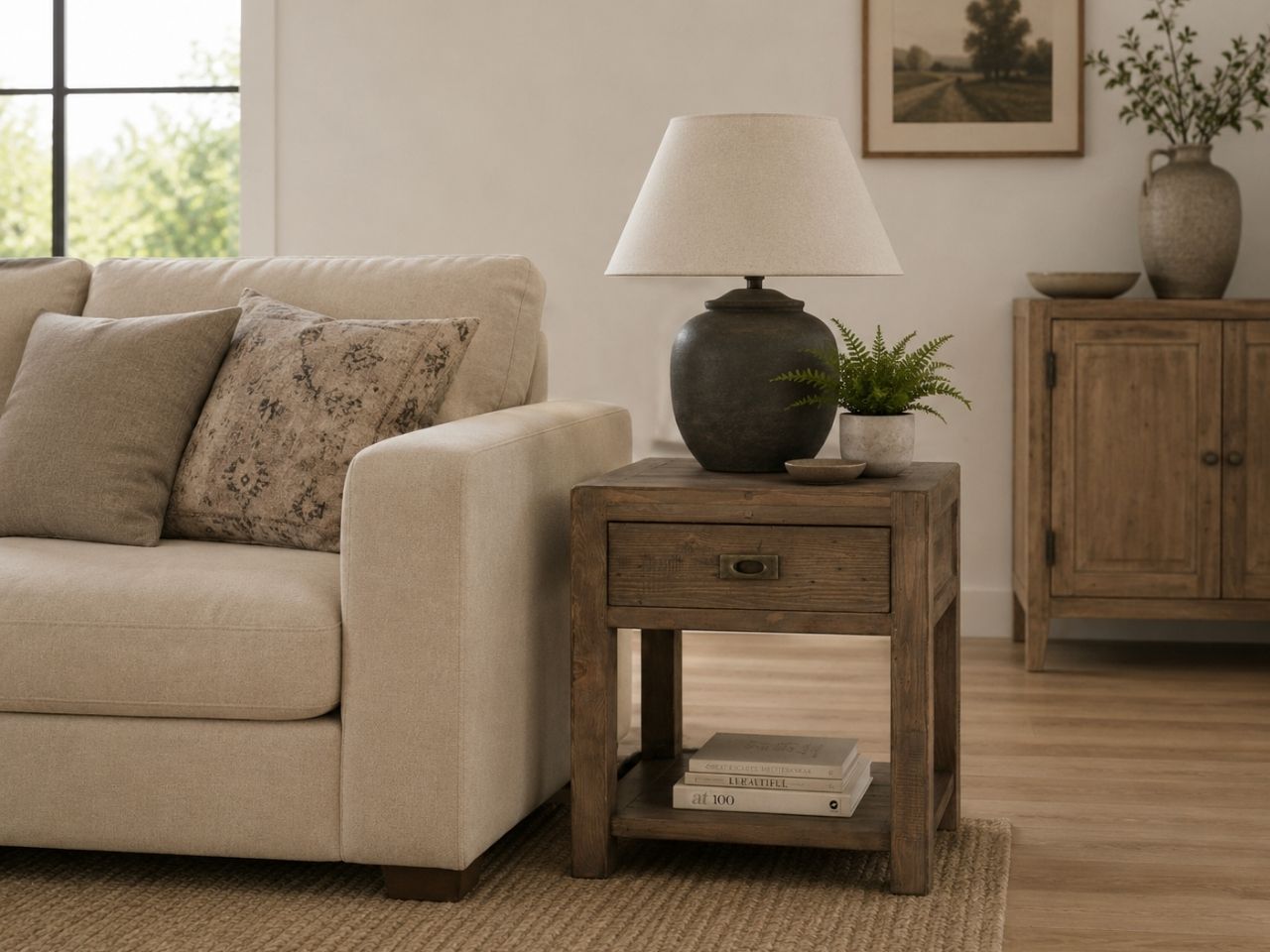 Rustic wood end table with a drawer and open lower shelf, styled beside a cream sofa in a cozy transitional living room.