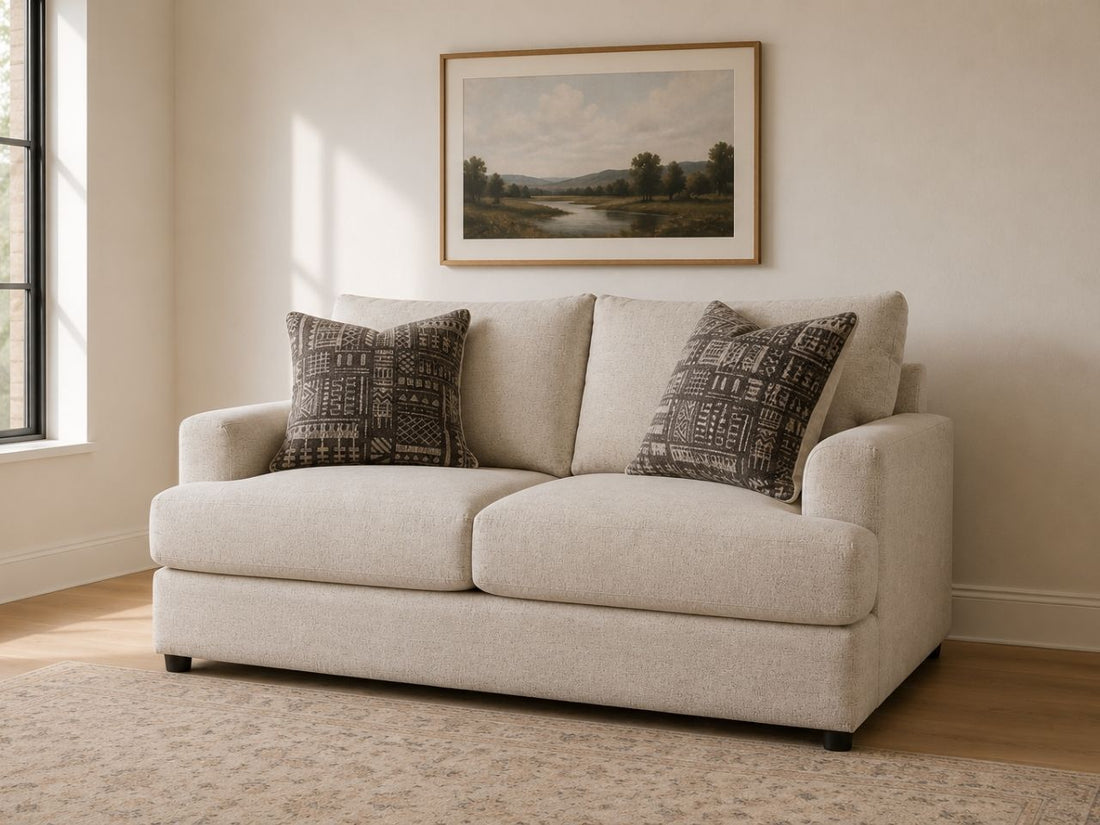 Cream fabric loveseat with patterned accent pillows in a bright modern living room.