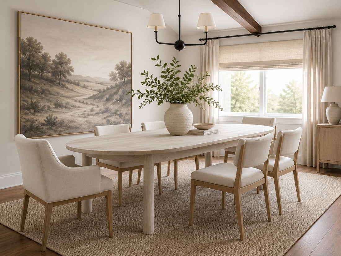 Light wood oval dining table with six upholstered chairs in a bright dining room.