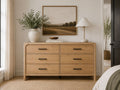 Light wood double dresser with modern curves and spacious storage drawers.
