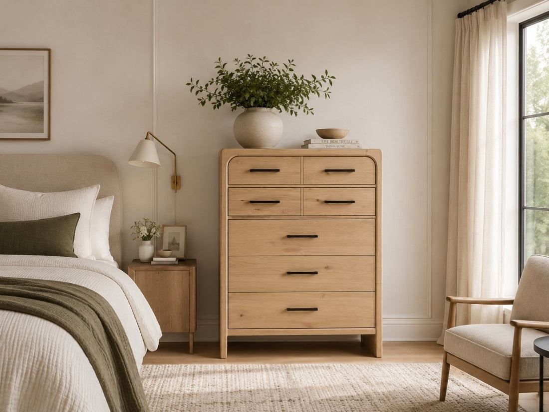 Light wood drawer chest with clean lines and modern farmhouse style.