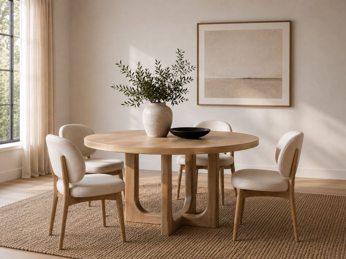 Round light wood dining table with a geometric pedestal base and four upholstered dining chairs in a modern dining room.