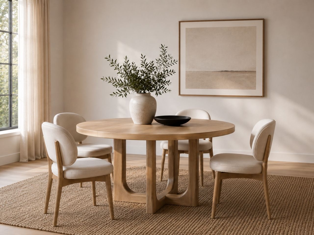 Round light wood dining table with a geometric pedestal base and four upholstered dining chairs in a modern dining room.