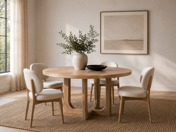 Round light wood dining table with a geometric pedestal base and four upholstered dining chairs in a modern dining room.