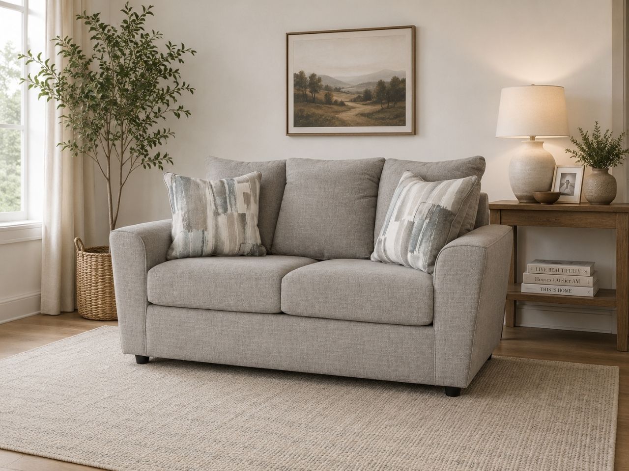 Light gray chenille loveseat with soft accent pillows in a cozy and modern living room.